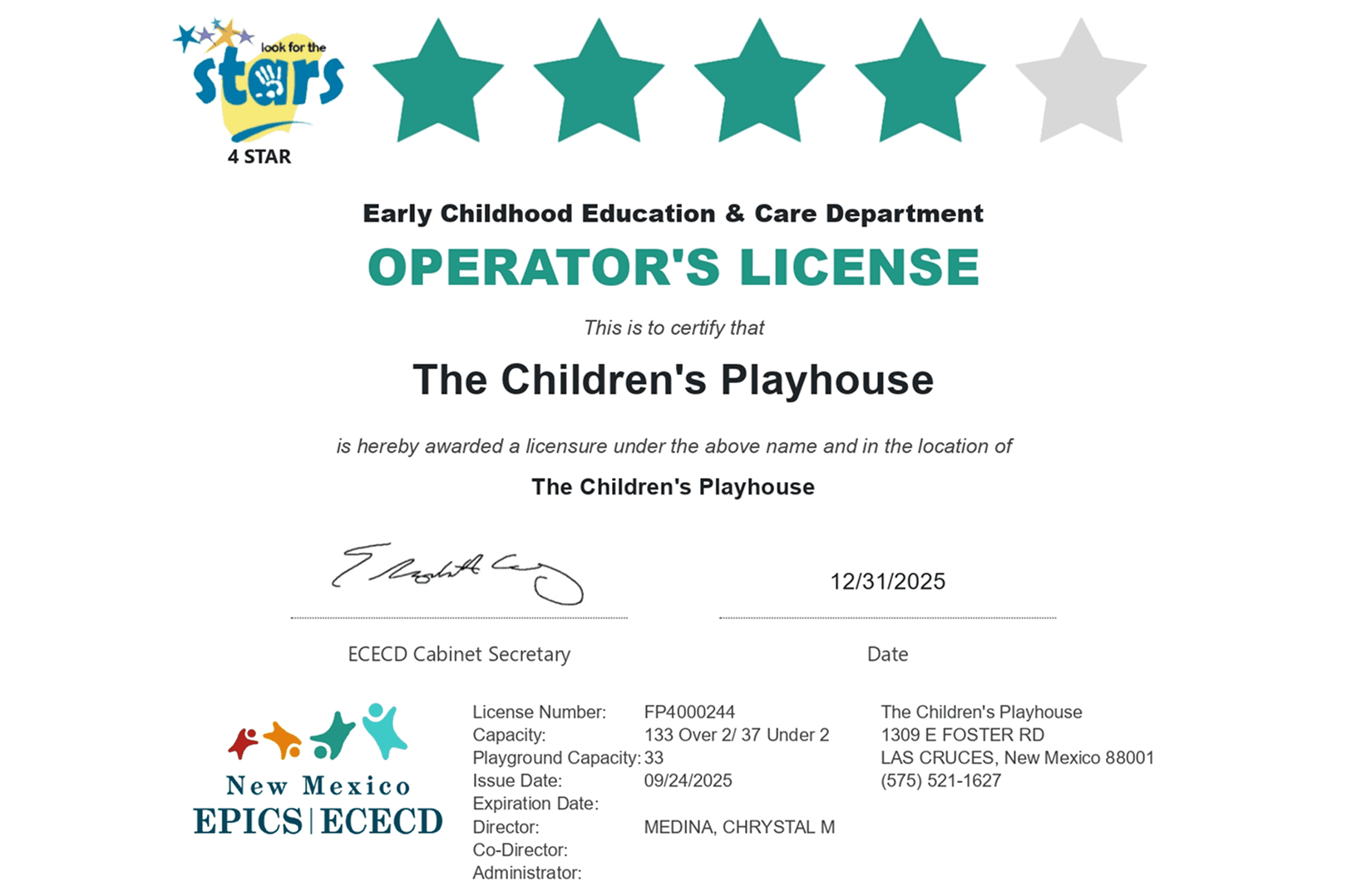 Operator's license for The Children's Playhouse