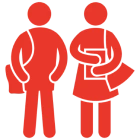 Two red figures with backpacks